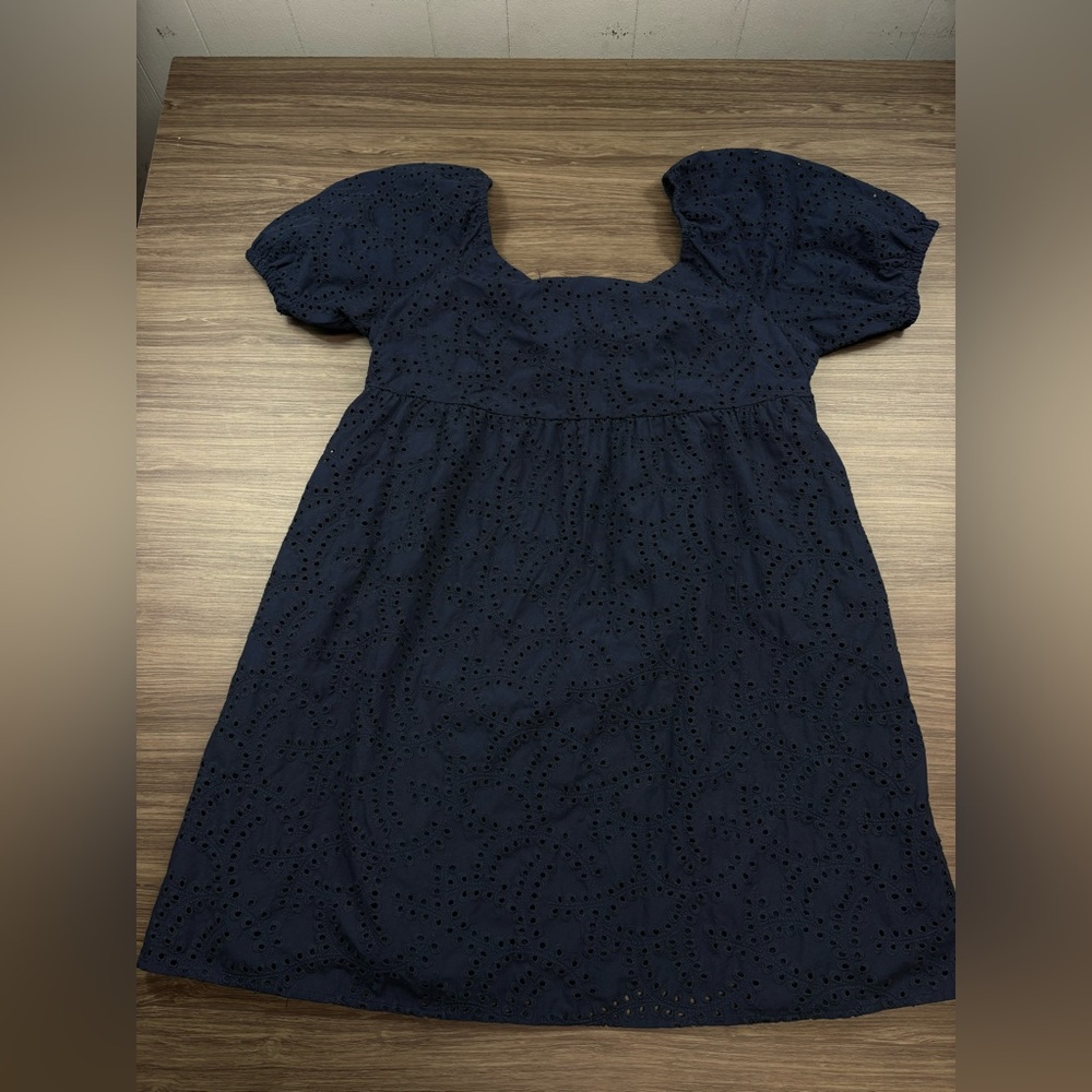 Time and Tru Women's Eyelet Dress with Puff Sleeves, Size XL Navy - Picture 2 of 11